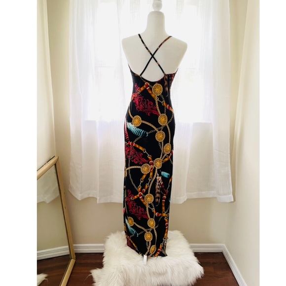 Boho sexy Feather, buckle & chain printed slinky stretch side slit maxi dress - Picture 8 of 10